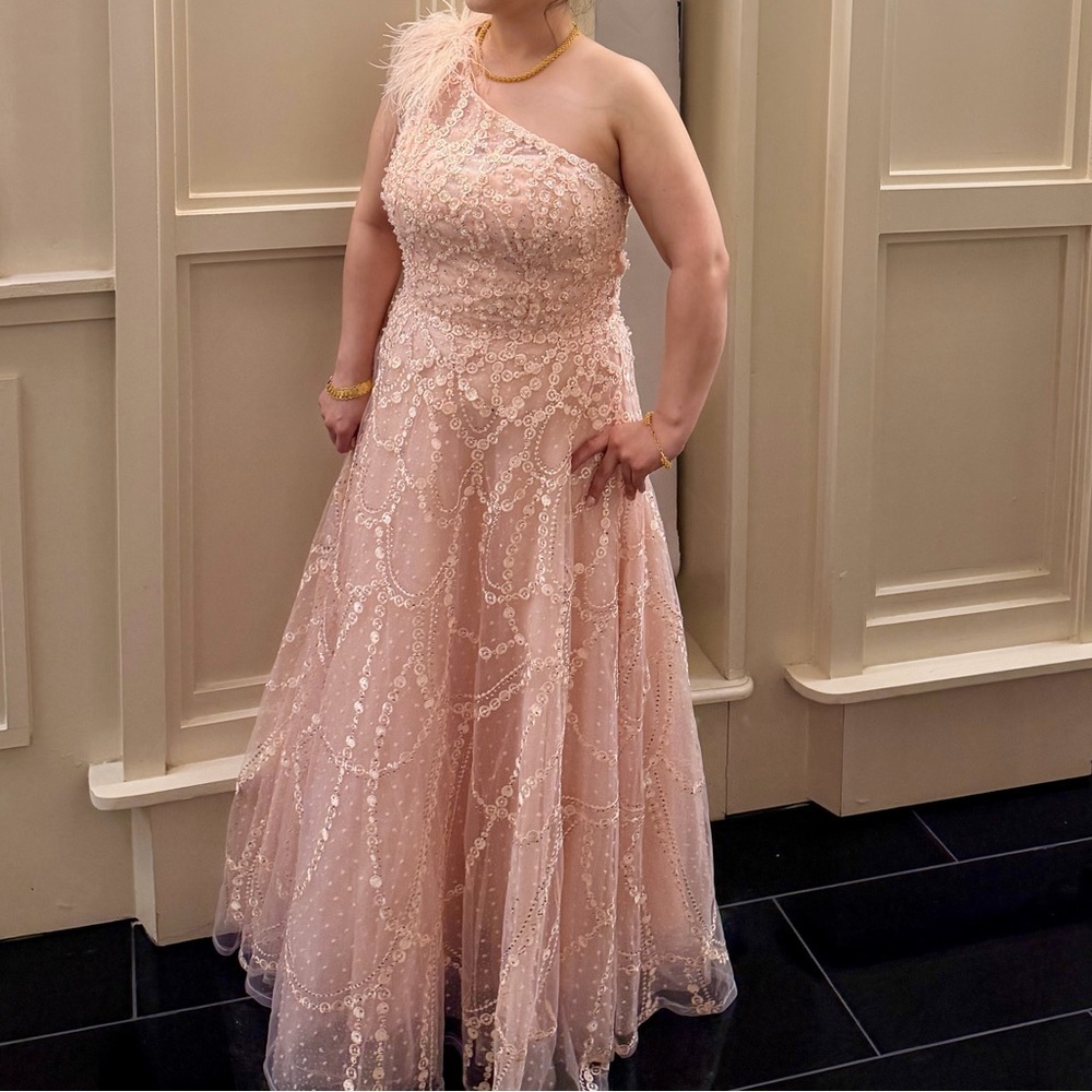 Mac Duggal Pink Embellished One Shoulder A Line Gown